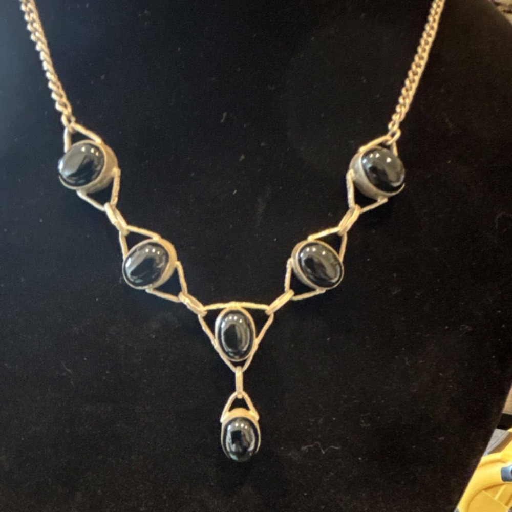 Black Onyx Necklace and Silver, Oval Stones  Lobster Closure